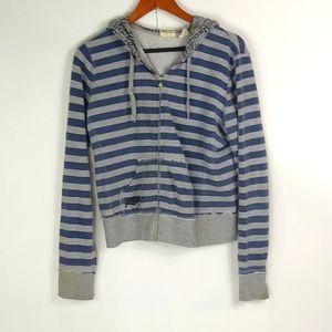 Roxy XLJ Zip Front Striped Gray Drawstring Hoodie Sweatshirt Top -Juniors
